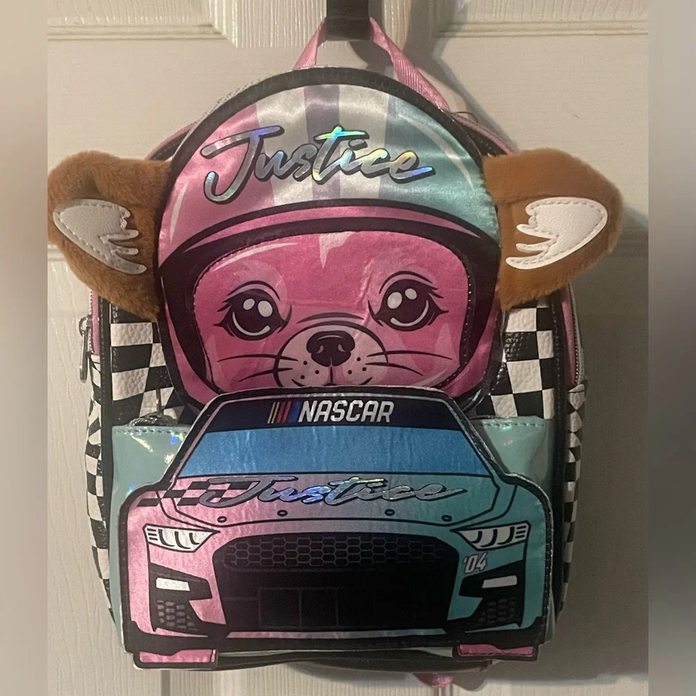 NWT Justice xNASCAR Girls Mini Racer Backpack Checkerboard Pink Multi Plush Ears